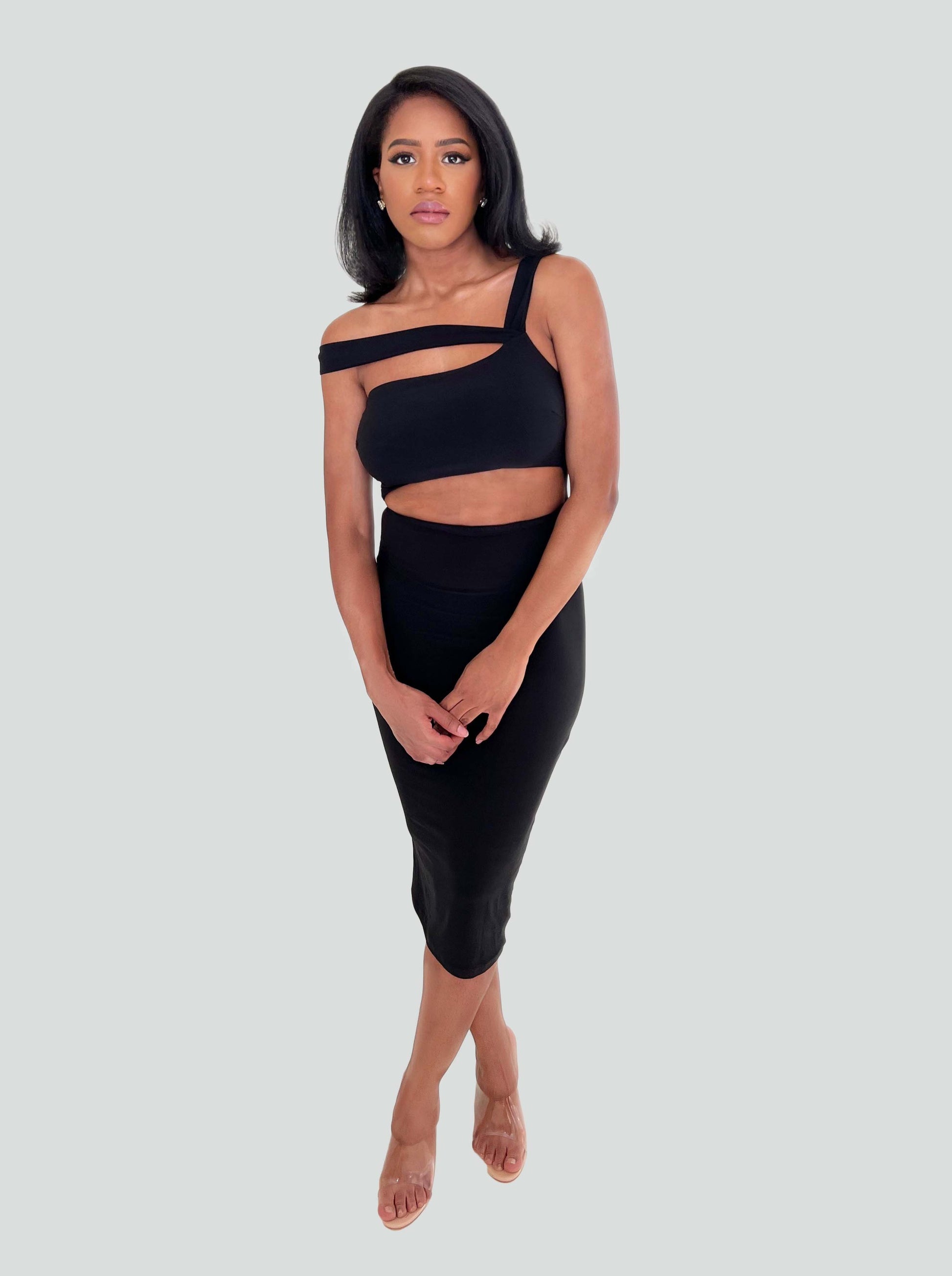 black cutout midi dress