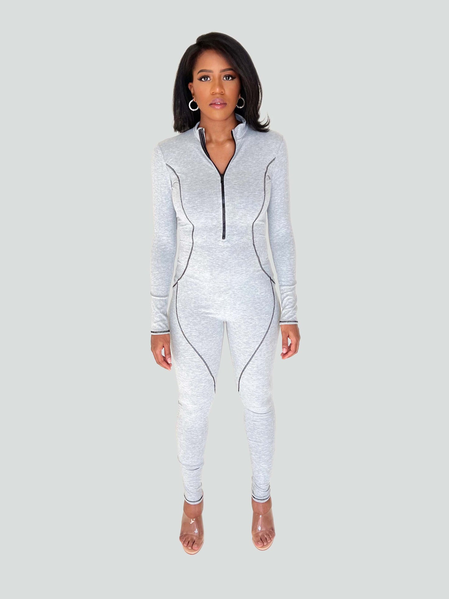 gray zippered one piece jumpsuit