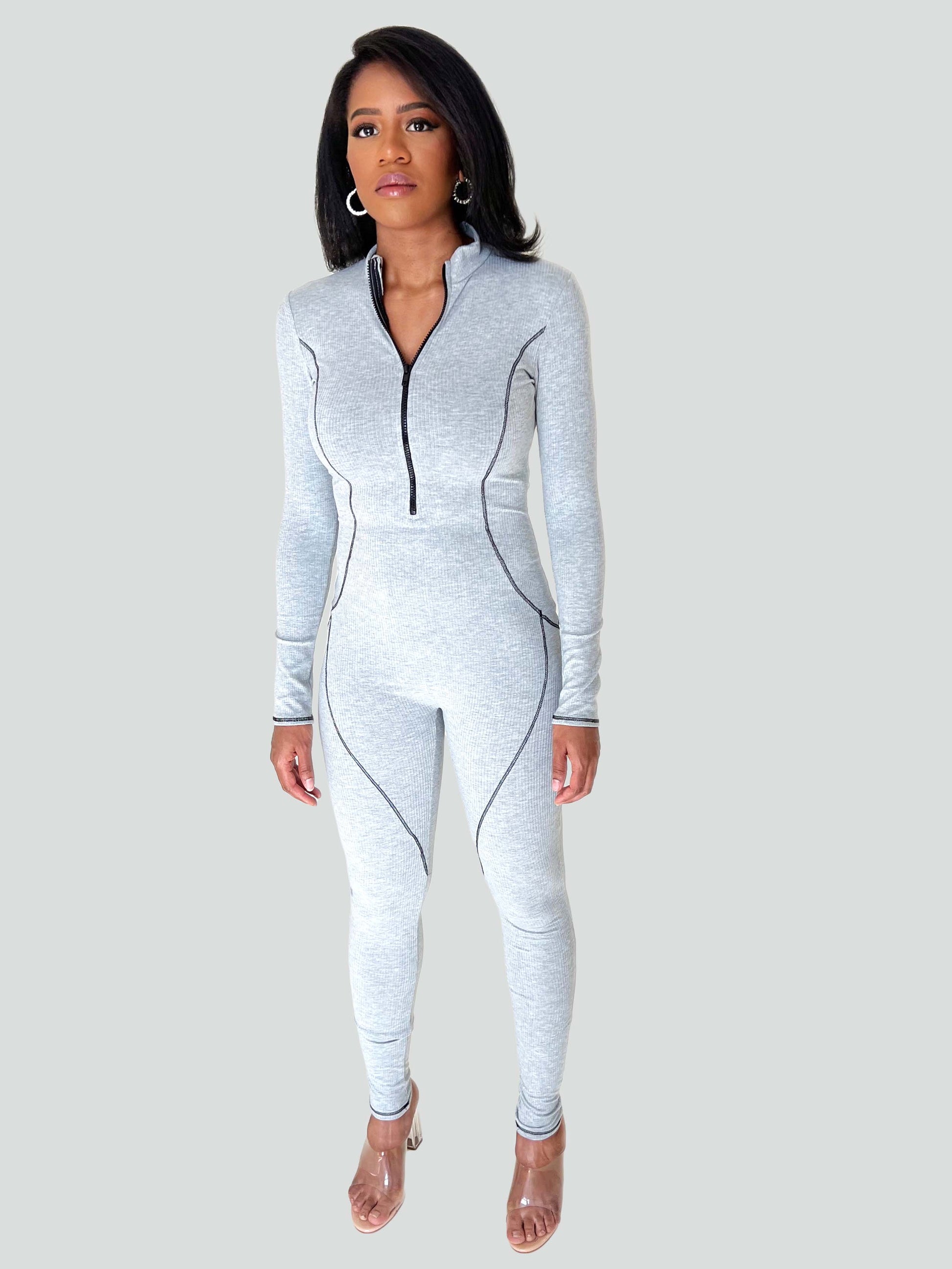 gray zippered one piece jumpsuit