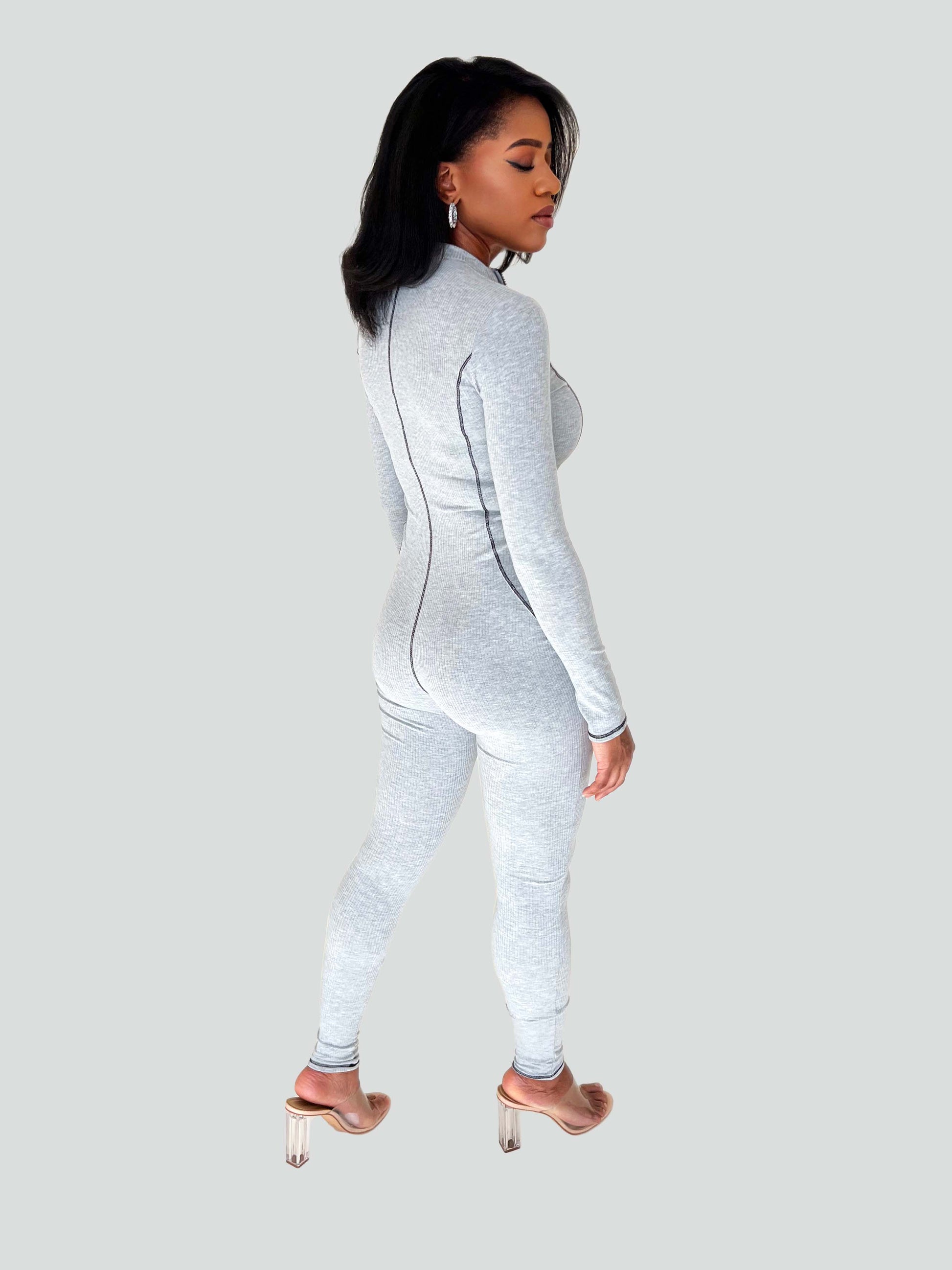 gray zippered one piece jumpsuit